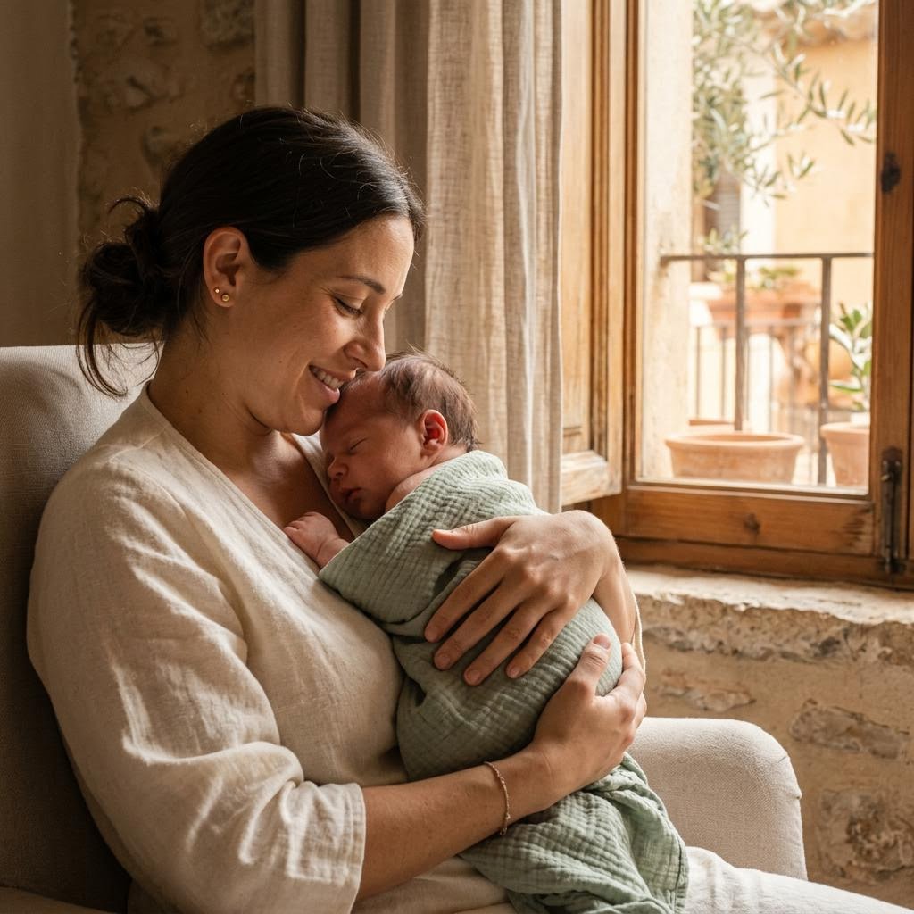 Mutter hält ihr schlafendes Baby am Fenster im warmen Licht
